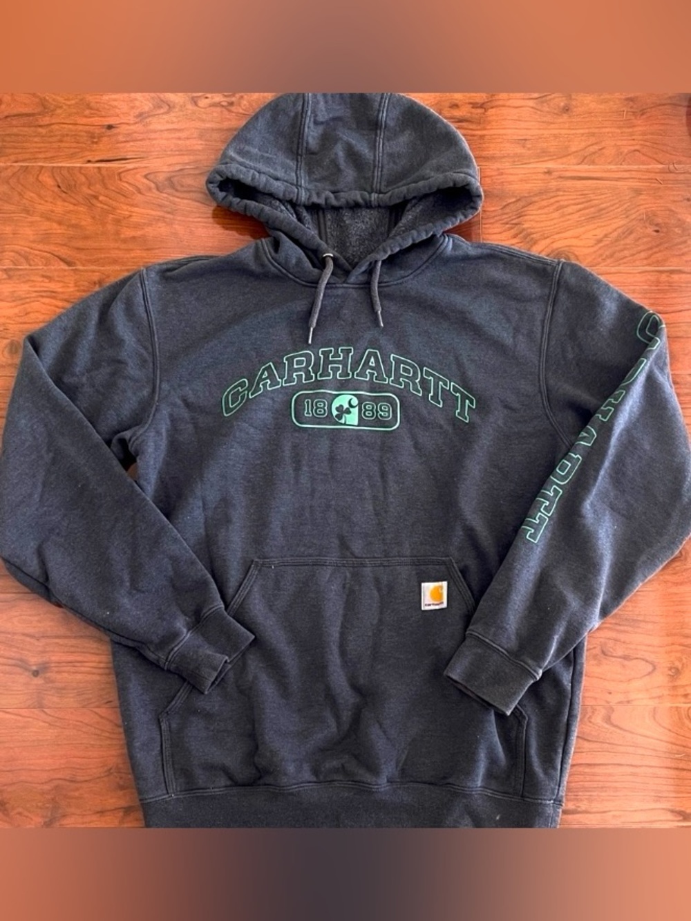 Carhartt Charcoal Gray Hoodie with Mint Green Logo